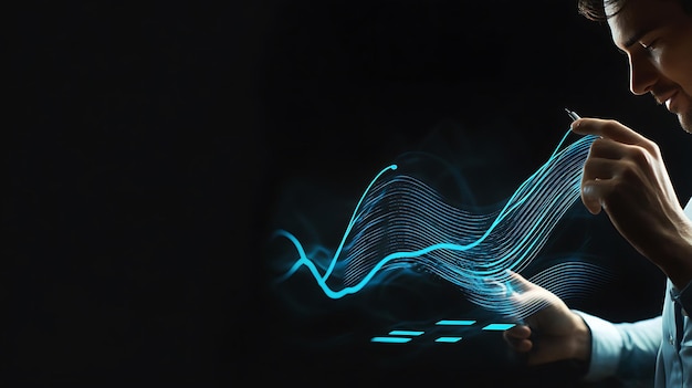 Photo a businessman examines a glowing blue graph representing business growth and technological advancement on his tablet