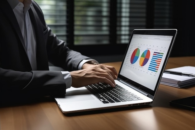 Businessman examining chart on laptop utilizing technology for effective analysis