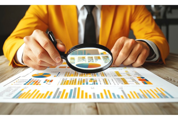 Businessman Examining Financial Data with Magnifying Glass