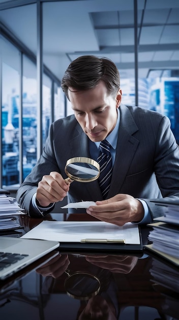 Businessman examining material with magnifying glass closely generated by