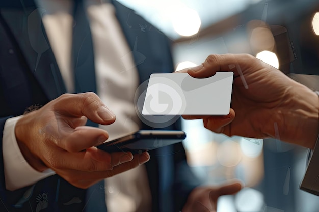 Photo businessman exchanging digital business cards with client