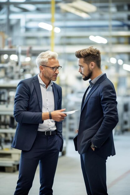 businessman explaining and having discussion with colleague in factory