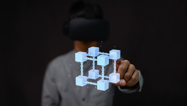 Businessman explore metaverse technology with blockchain network connecting