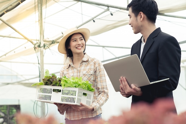 Businessman and farmer negotiate business about product hydroponic salad vegetable in a farm