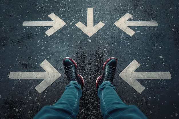 Photo businessman feet with many directions arrow on asphalt road choice future and business decision co