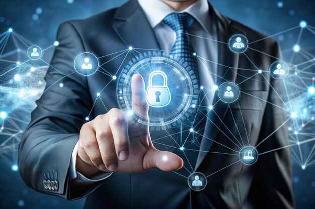 Businessman and fingerprint scanning unlock and access to business data network Cloud Biometric identification and cyber security protect business transaction from online digital cyber attack