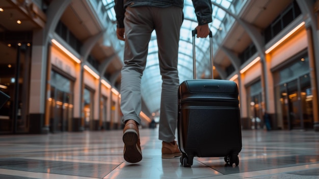 businessman in formal attire is walking through an airport terminal pulling a black rolling suitcase behind him