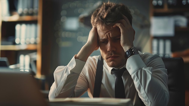 Businessman in formal attire sits at his desk holding his head in frustration dealing with work stre