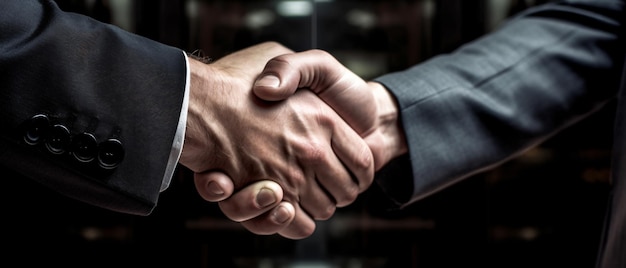 Businessman in formal suit making handshake with partner outdoors