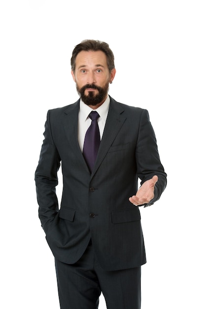 Businessman formal suit mature man isolated white Businessman bearded handsome entrepreneur Successful businessman concept Customer service tips improve business Businessman glad to meet you