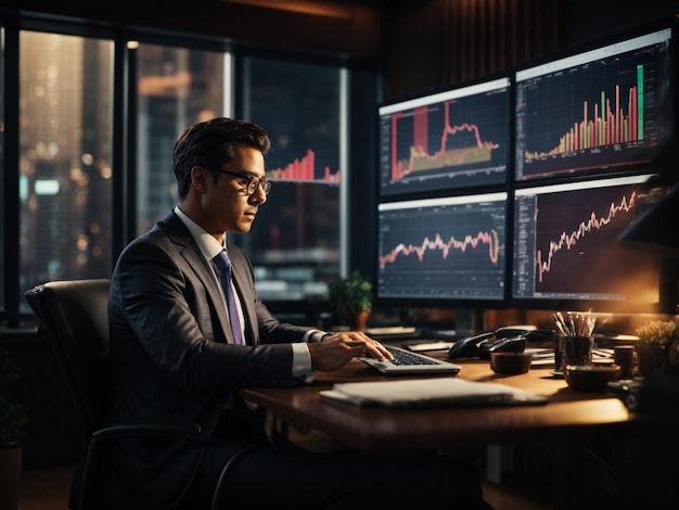 Businessman in front of the computer analyzing financial charts AI Generated