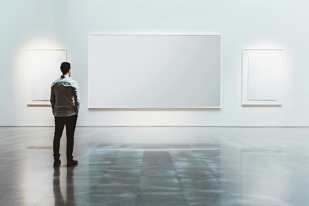 Photo businessman in gallery with banner