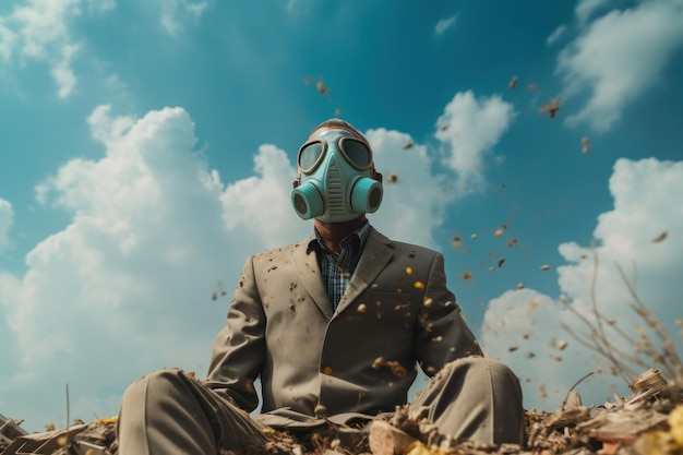 Businessman in gas mask sitting on a pile of garbage against blue sky