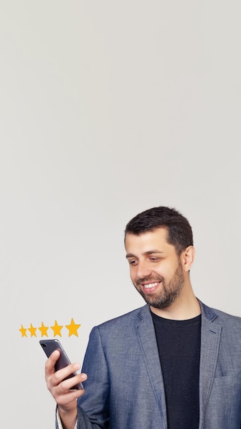 Businessman giving a five star rating Customer service experien