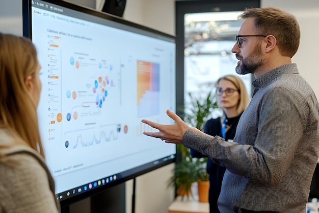 Photo businessman giving a presentation to his colleagues pointing at a graph on a large screen