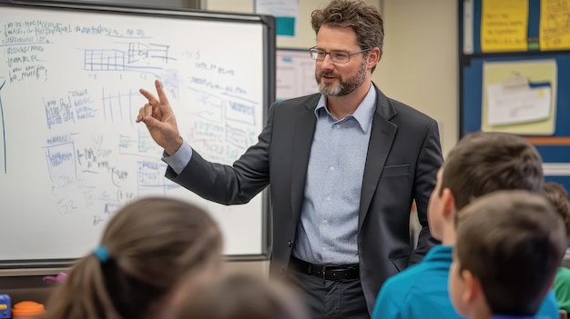 Photo businessman giving a presentation to young students in a classroom with a whiteboard