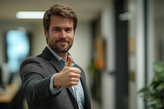 Photo businessman giving thumbs up in office environment