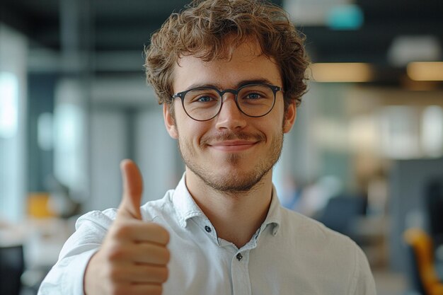 Photo businessman giving thumbs up in office environment