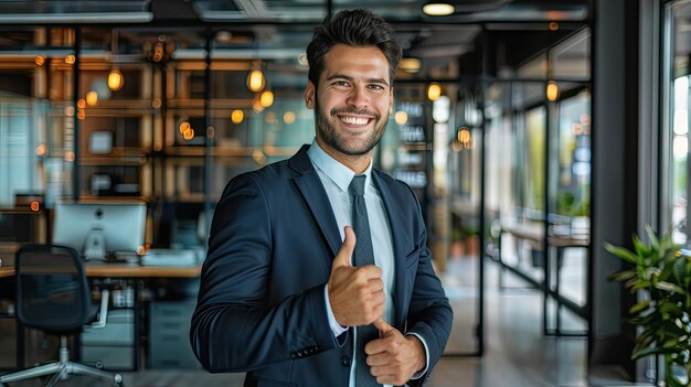 Businessman giving a thumbsup with a confident smile modern office in the background