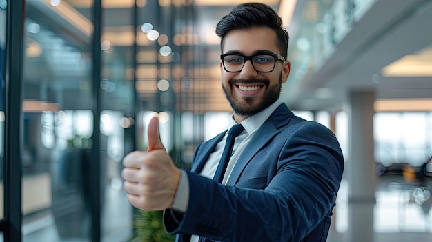 Businessman giving a thumbsup with a confident smile modern office in the background