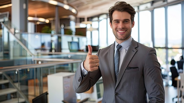 Businessman giving a thumbsup with a confident smile modern office in the background