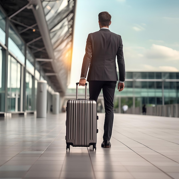 Businessman Going On Business Trip Walking With Travel Suitcase And Backpack Arriving At Airport