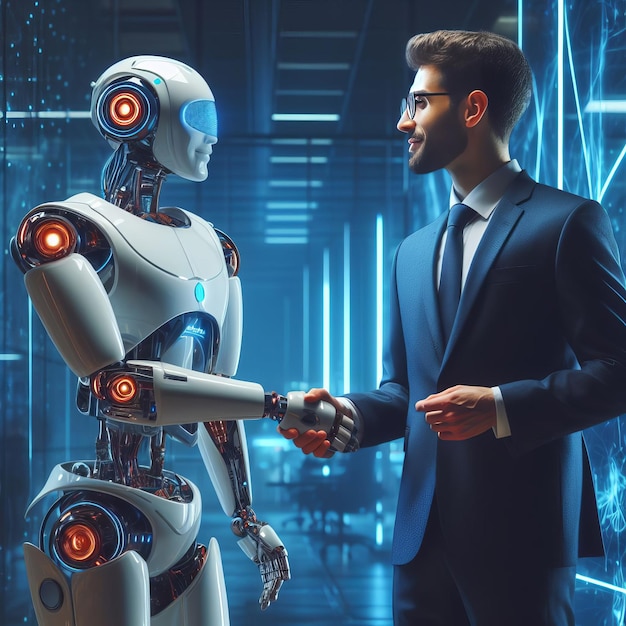 Businessman greeting robot in modern office Futuristic society concept