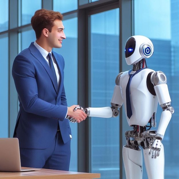 Businessman greeting robot in modern office Futuristic society concept