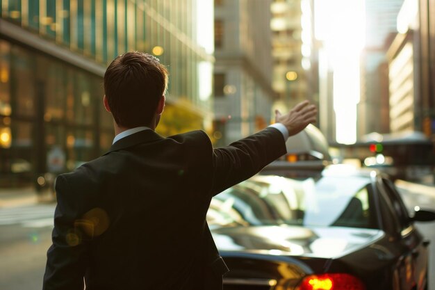 Photo a businessman hailing a taxi outside of a conference center