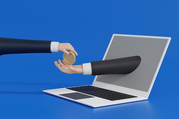 Businessman hand giving coin to another hand sticking out the laptop buy sell donate concept 3D rendering