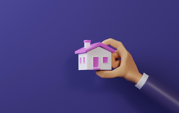 Businessman hand holding a small house with pink roof on a purple background