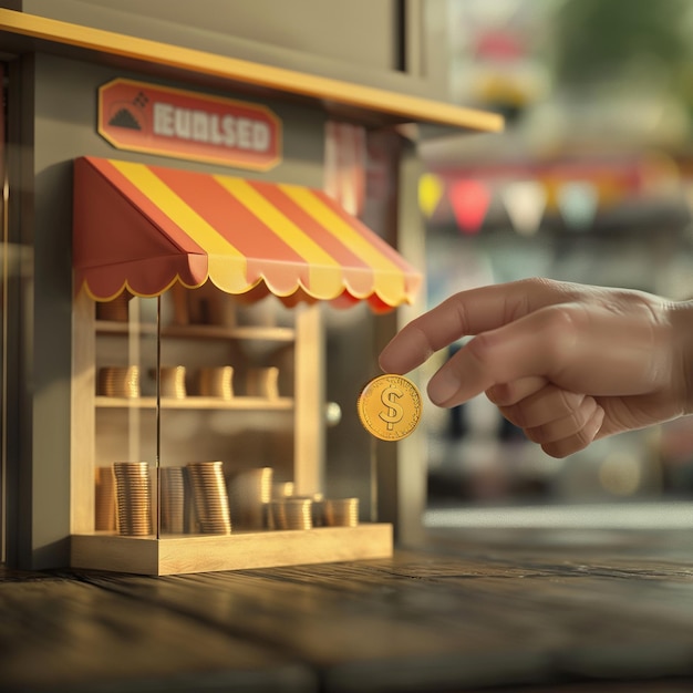 Businessman hand put a coin in a store Franchise business growth with earning money 3d render