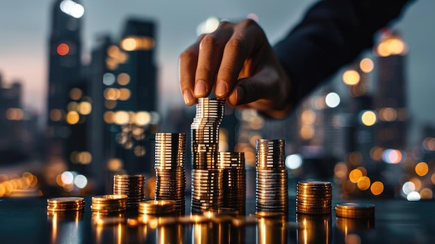 Businessman hand stacking coins with a city skyline in the background representing urban growth