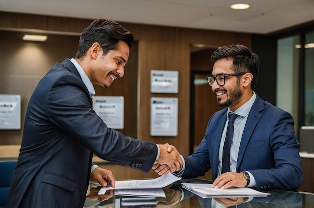 Businessman handing documents to a bank employee