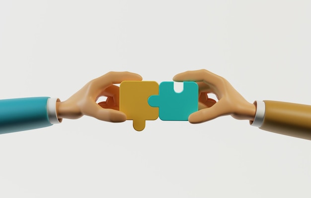 Businessman hands assembling jigsaw puzzles connecting people on white background