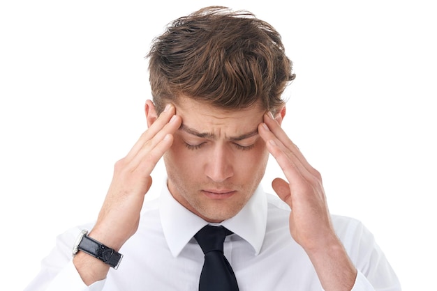 Businessman hands and temple headache or stress in studio as corporate lawyer or burnout fatigue or migraine Male person pain and tension on white background for overtime vertigo or mockup space