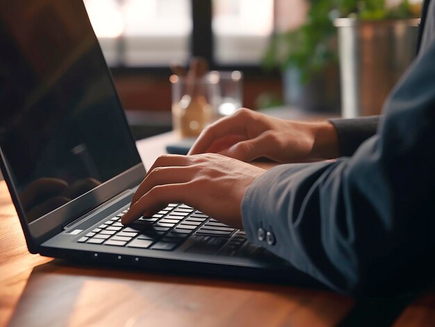 Businessman hands typing and working with laptop computer on wooden table close up Side View Freelancer lifestyle Business technology concept Ai Generative Illustration