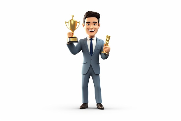 a businessman holding an award trophy