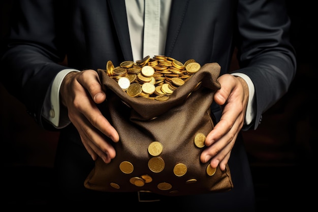 Businessman holding a bag full of golden coins