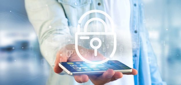 Businessman holding a Binary cloud with internet security padlock 3d rendering