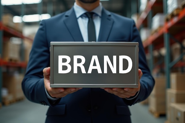 Photo businessman holding a box with the word brand