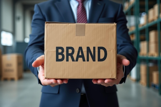 Photo businessman holding a box with the word brand