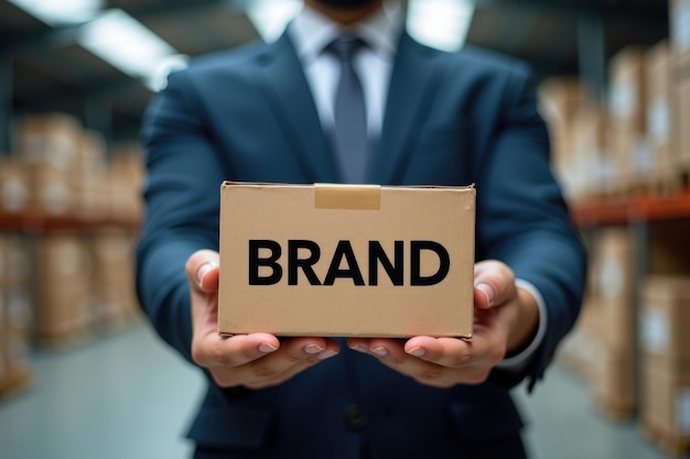 Photo businessman holding a box with the word brand