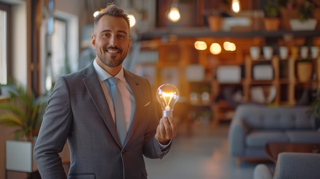 Photo the businessman holding bulb