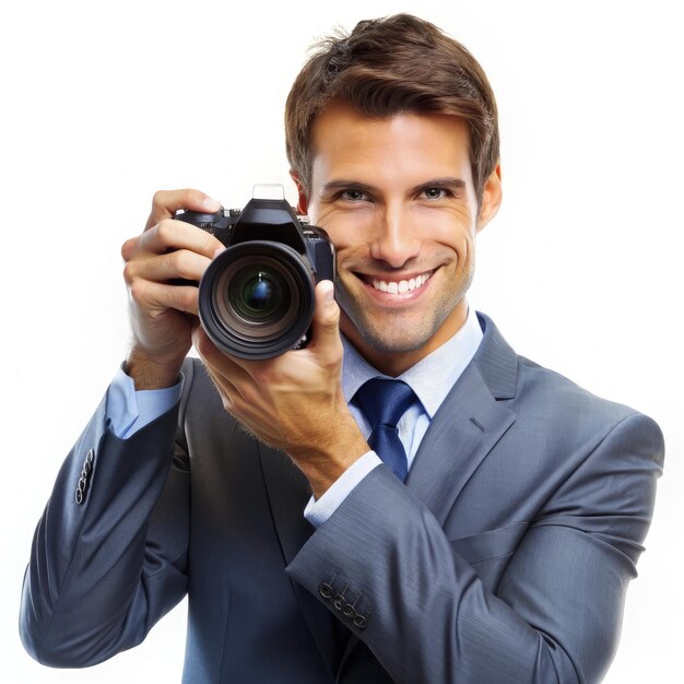 Businessman Holding Camera Against White Background Generative AI