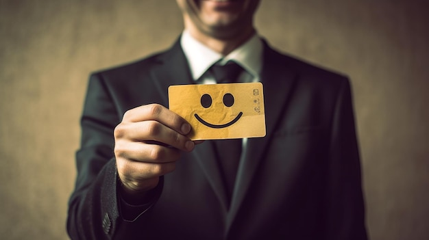 Businessman holding a card with smiley face on the background