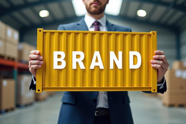 Photo businessman holding a cargo container with the word brand on it