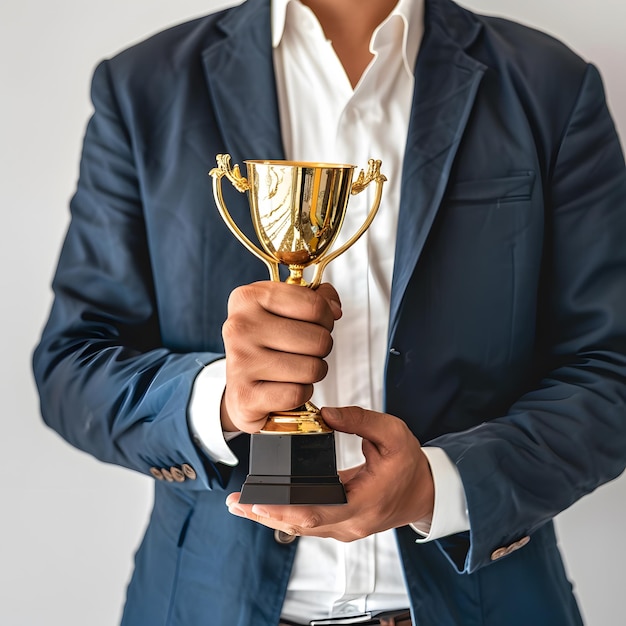 businessman holding champion golden trophy for winner success and achievement award in business