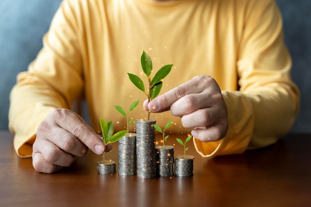 Businessman holding coin with tree growing on money coin stack and digital growth graph Green business growth Finance sustainable development