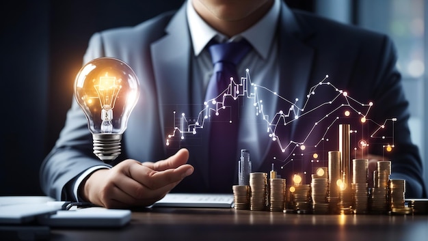 Businessman holding creative light bulb with growth graph and banking icons Financial innovation